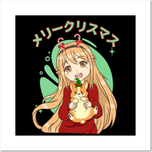 Kawaii Anime Blonde Girl And Corgi Christmas Posters and Art